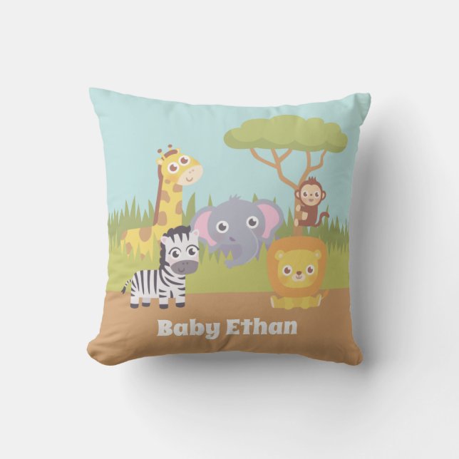 Cute Colourful Safari Animals Baby Nursery Decor Cushion (Front)