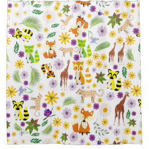 Cute colourful safari pattern giraffe kids white shower curtain
