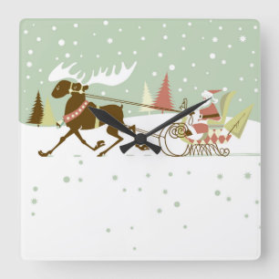 Cute Colourful Santa & Reindeer Illustration Square Wall Clock