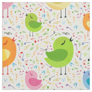 Cute Colourful Singing Birds & Music Notes Patter Fabric
