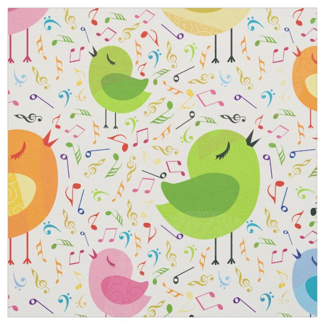 Cute Colourful Singing  Birds & Music Notes Patter Fabric (Swatch)