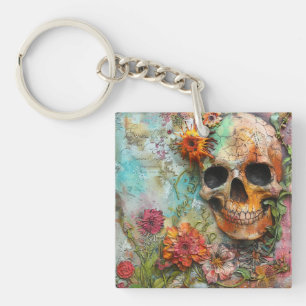 Cute Colourful Skull and Flowers Key Ring