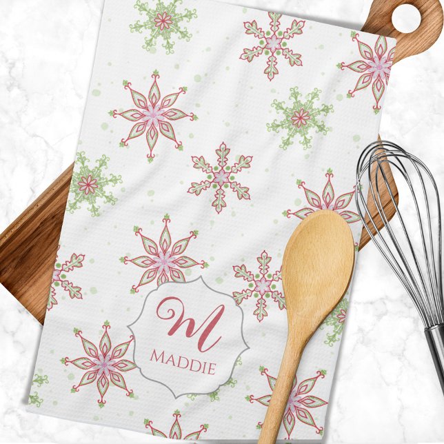 Cute Colourful Snowflake Monogram Christmas Holida Tea Towel (Monogrammed Christmas kitchen towel.)