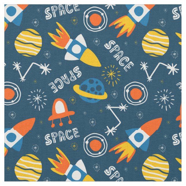 Cute Colourful Space Adventures Pattern Fabric (Close Up)