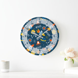 Cute Colourful Space Adventures Pattern Large Clock