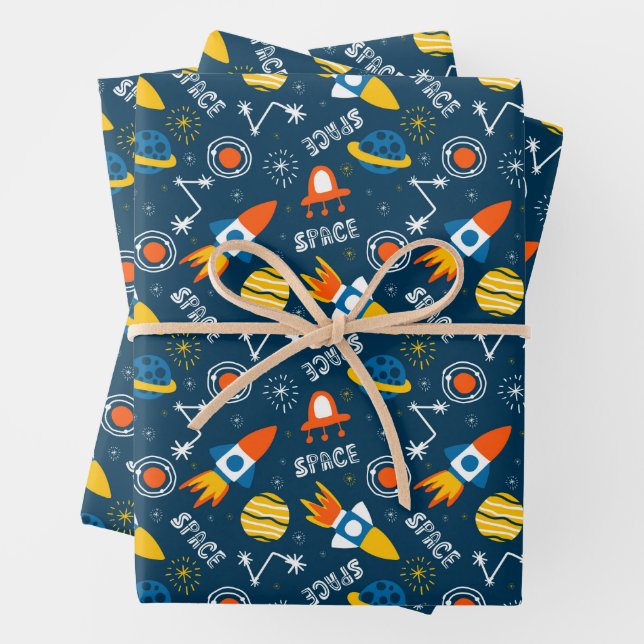 Cute Colourful Space Adventures Pattern Wrapping Paper Sheet (In situ)