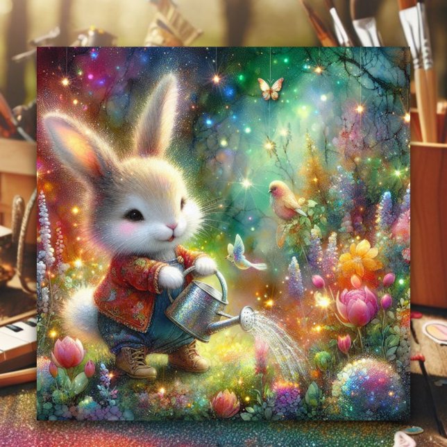Cute Colourful Sparkle Happy Bunny Flowers Easter Holiday Card (Creator Uploaded)