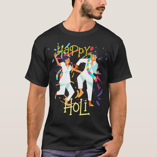 Cute Colourful Splash Couple playing Holi T-Shirt (Front)