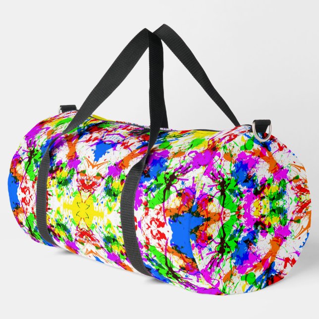 Cute colourful splatter paint design bridal shower duffle bag (Left Corner)