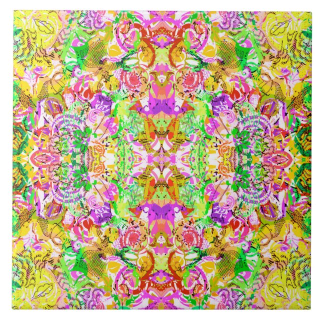 Cute colourful spring abstract floral ceramic tile (Front)
