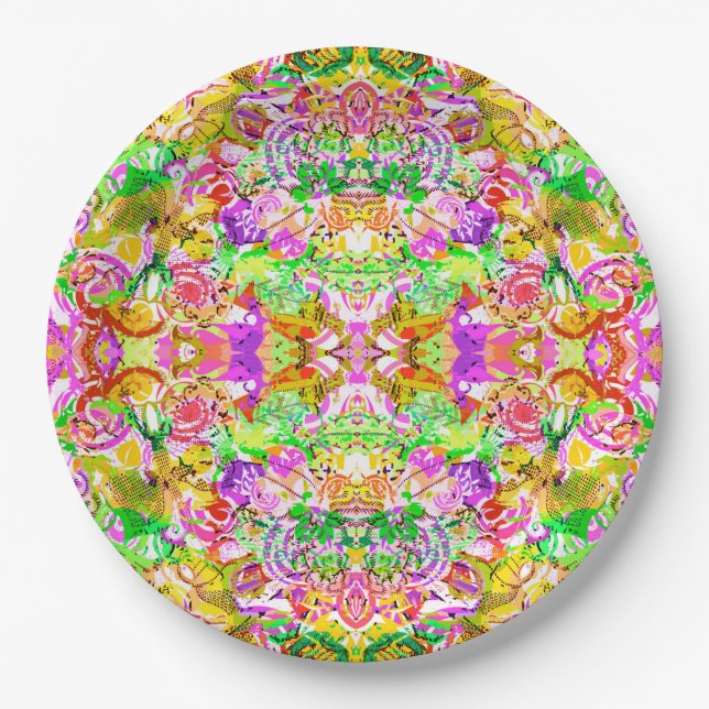 Cute colourful spring abstract floral paper plate (Front)