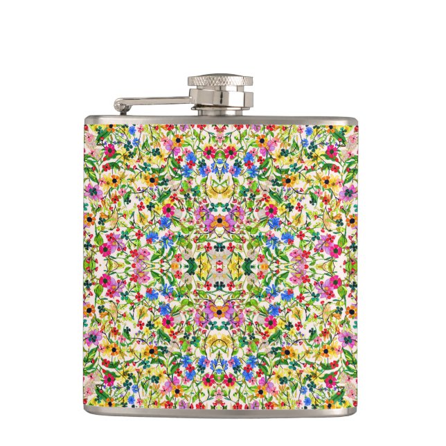 Cute colourful spring floral flowers hip flask (Front)
