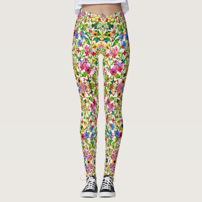 Cute colourful spring floral flowers license plate leggings (Front)