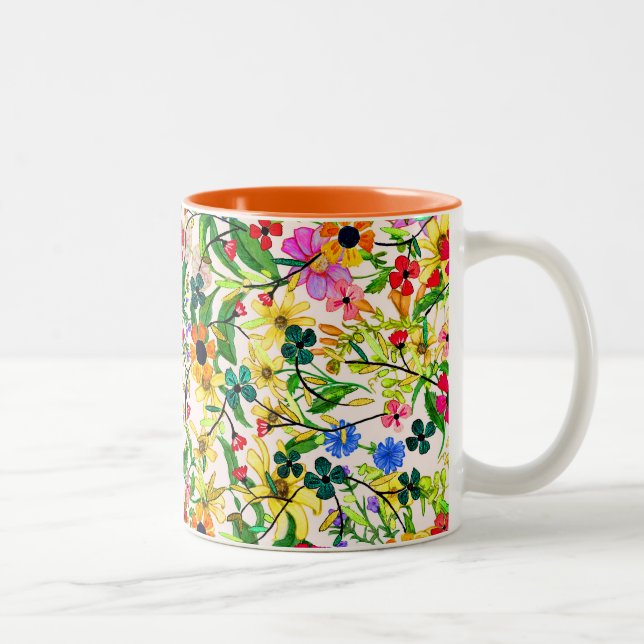 Cute colourful spring floral flowers Two-Tone coffee mug (Right)