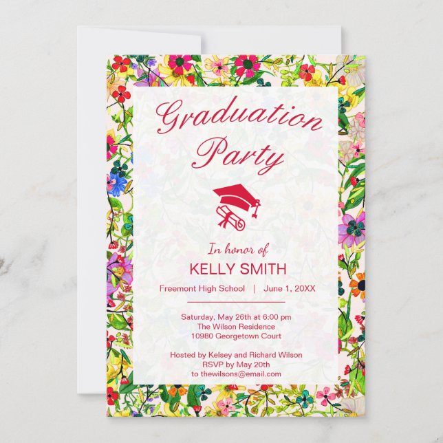 Cute colourful spring floral graduation party invitation (Front)