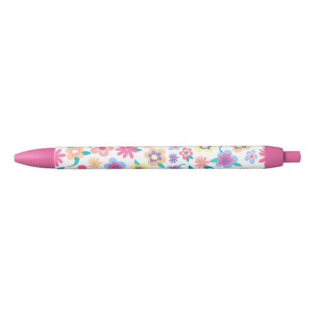 Cute colourful spring flowers pattern black ink pen (Front)