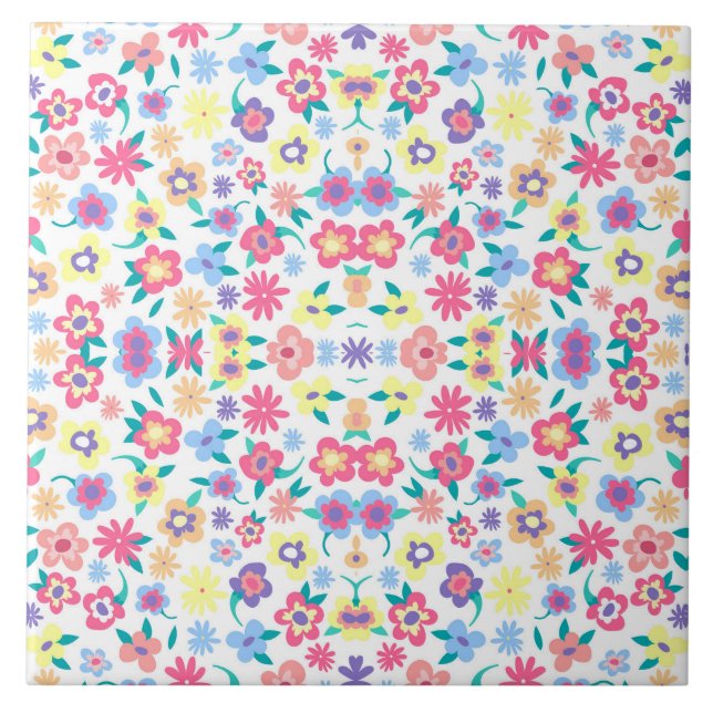 Cute colourful spring flowers pattern ceramic tile (Front)