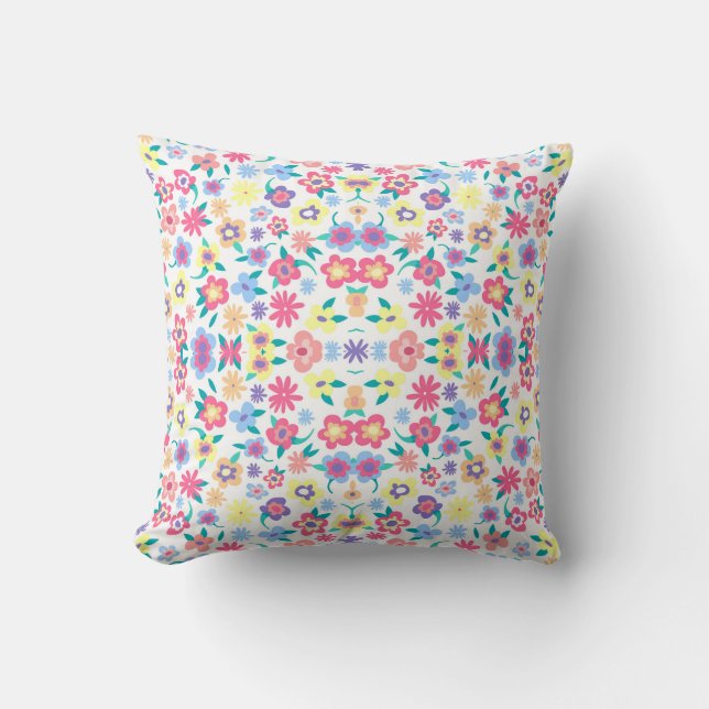 Cute colourful spring flowers pattern cushion (Front)