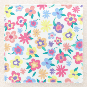Cute colourful spring flowers pattern glass coaster