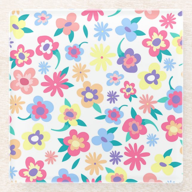 Cute colourful spring flowers pattern glass coaster (Front)