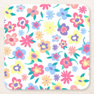 Cute colourful spring flowers pattern square paper coaster