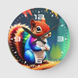 Cute Colourful Squirrel Digital Painting  Round Clock