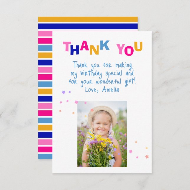 Cute Colourful Stars Girl Photo Birthday  Thank You Card (Front/Back)