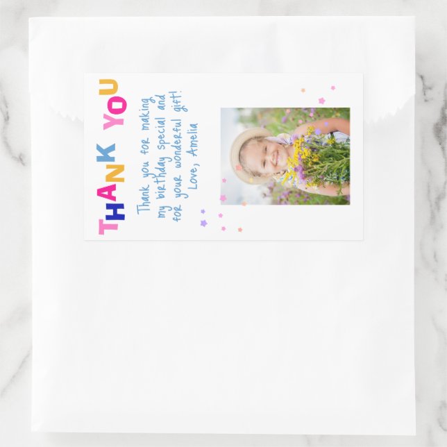 Cute Colourful Stars Girl Photo Birthday Thank you Rectangular Sticker (Bag)