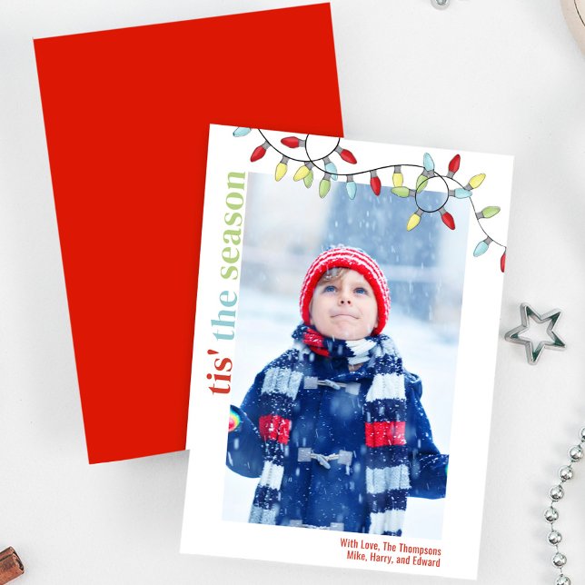 Cute Colourful String Lights Christmas Photo Holiday Card (Christmas holiday photo card with colorful string lights. )