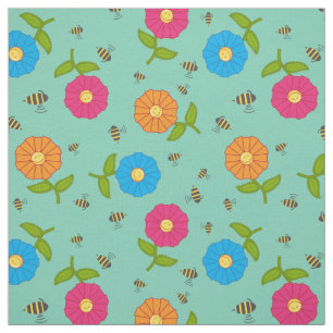 Cute Colourful Stylised Flowers & Honey Bees Fabric