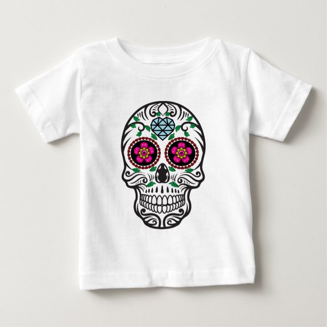 Cute Colourful Sugar Skull Dia de los Muertos Baby T-Shirt (Front)