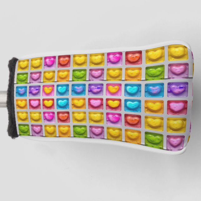 Cute Colourful Summery Square Heart Tiles Pattern Golf Head Cover (Front)