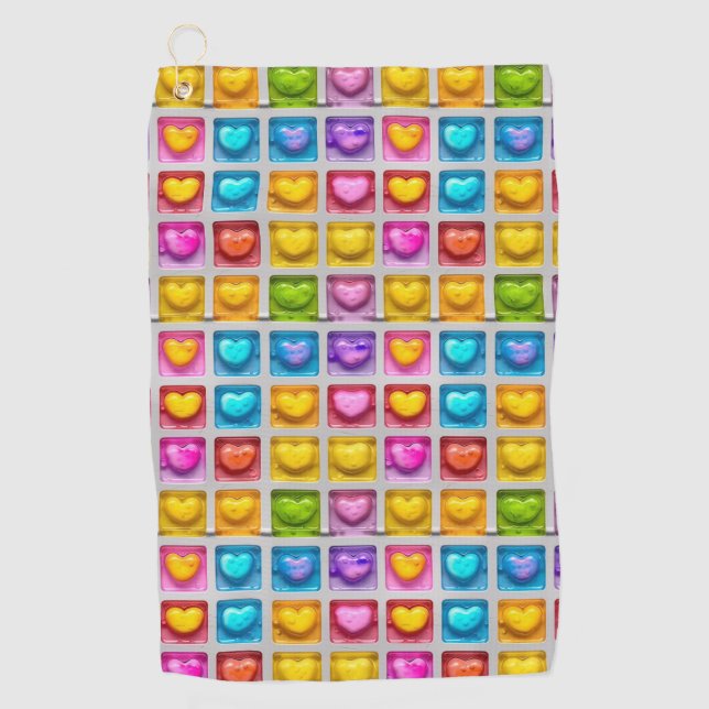 Cute Colourful Summery Square Heart Tiles Pattern Golf Towel (Front)
