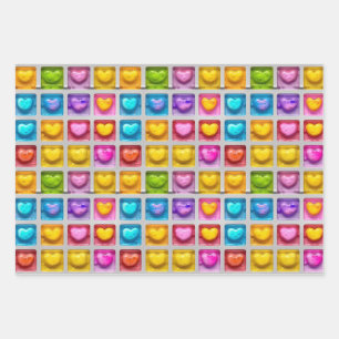 Cute Colourful Summery Square Heart Tiles Pattern Wrapping Paper Sheet