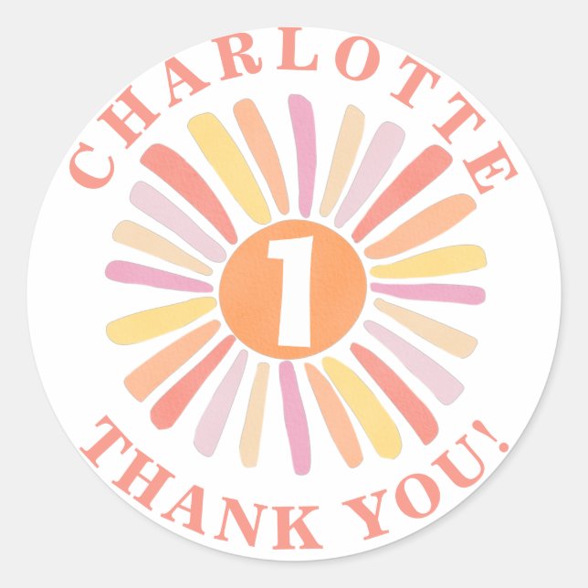 Cute Colourful Sunshine 1st Birthday Thank You Classic Round Sticker (Front)