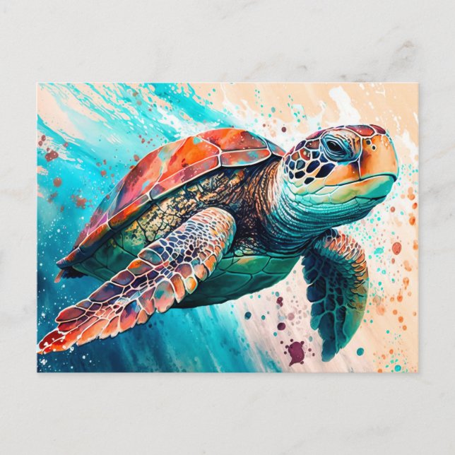 Cute Colourful Swimming Sea Turtle Postcard (Front)