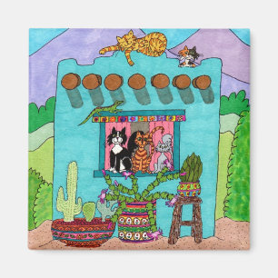 Cute Colourful Taos Aqua Adobe House Cats Whimsica Magnet