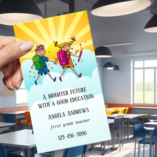 Cute Colourful Teacher Business Card (A cute colorful business card featuring two schoolchildren with their backpacks - elementary teacher)