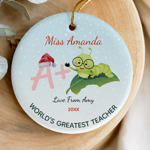 Cute Colourful Teacher Christmas Caterpillar Ceramic Ornament