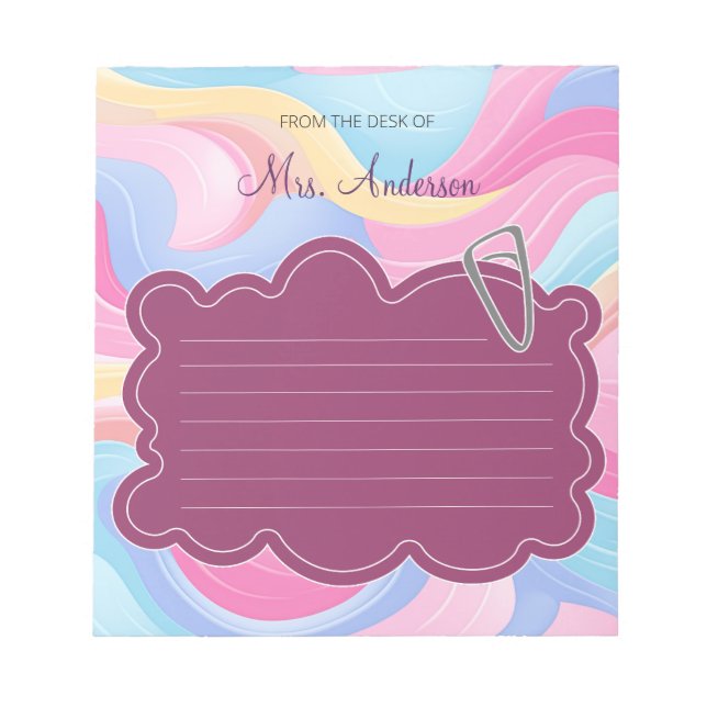 Cute Colourful Teacher Name Rainbow Pastel Waves Notepad (Front)