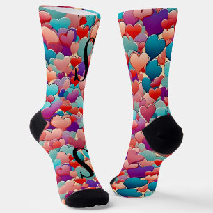 Cute colourful teal pink, purple hearts, monogram socks