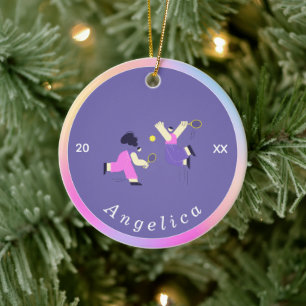 Cute Colourful Tennis Silhouettes Player's Name  Ceramic Ornament