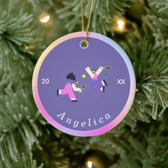 Cute Colourful Tennis Silhouettes Player's Name  Ceramic Ornament (Tree)