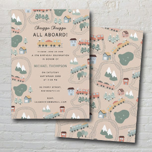 Cute Colourful Trains on Train Tracks Kids Birthda Invitation