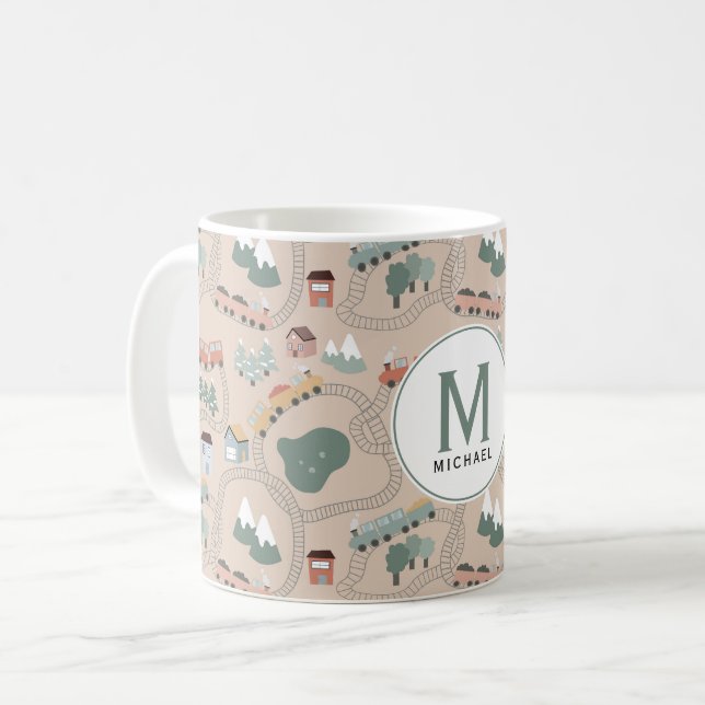 Cute Colourful Trains on Train Tracks Kids Monogra Coffee Mug (Front Left)