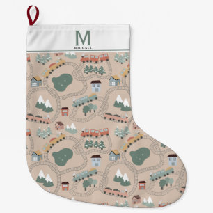 Cute Colourful Trains on Train Tracks Kids Monogra Large Christmas Stocking