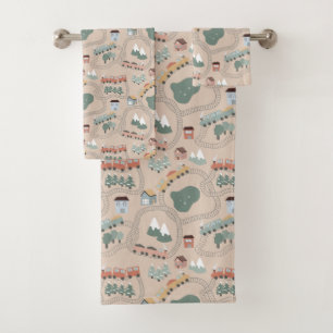 Cute Colourful Trains on Train Tracks Kids Pattern Bath Towel Set