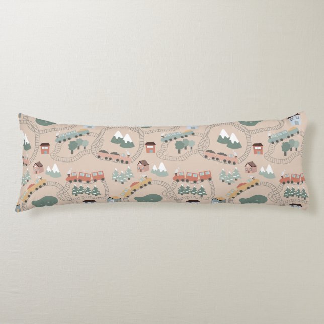 Cute Colourful Trains on Train Tracks Kids Pattern Body Cushion (Front)