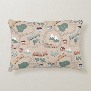 Cute Colourful Trains on Train Tracks Kids Pattern Decorative Cushion