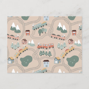 Cute Colourful Trains on Train Tracks Kids Pattern Holiday Postcard